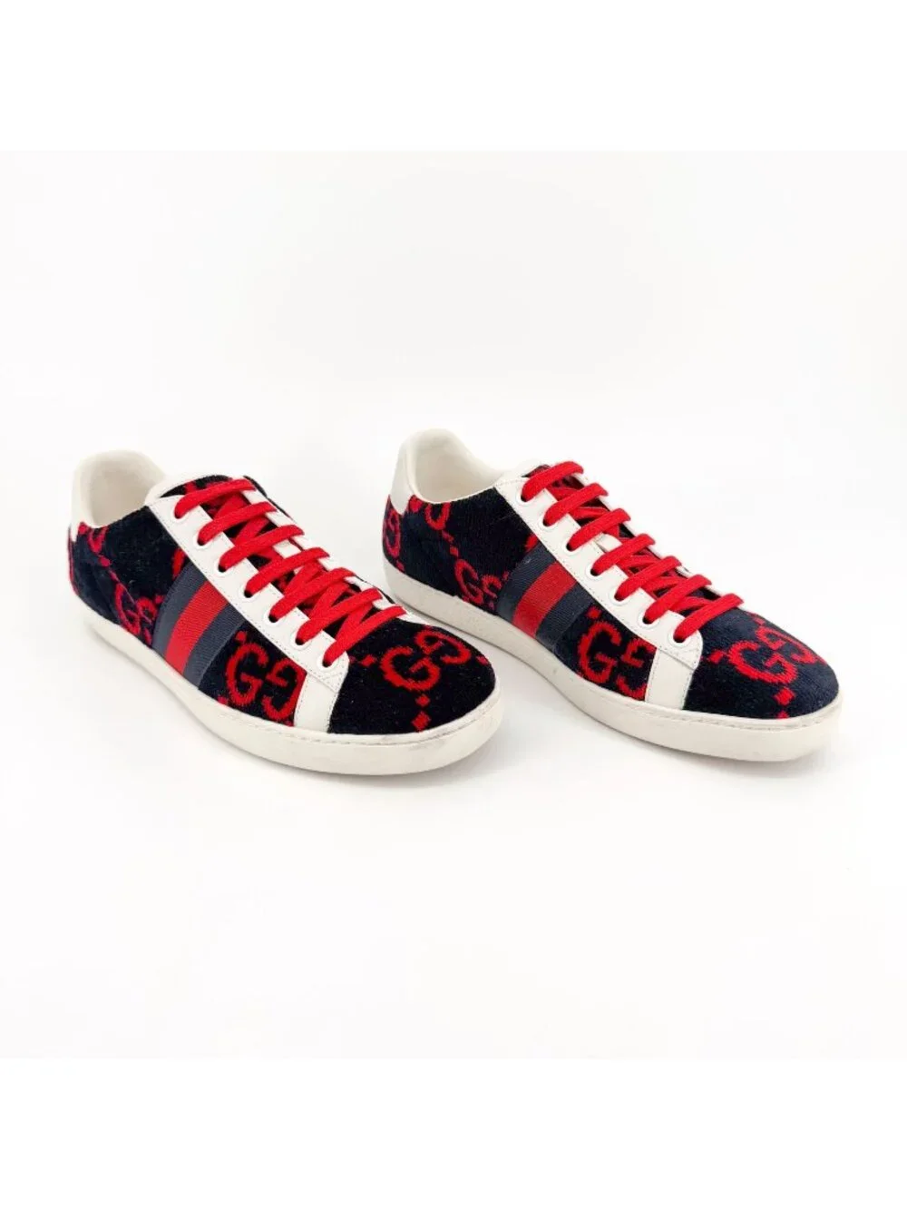 Gucci Ace Sneakers EU 38 US 8 Navy Blue & Red GG Monogram Corduroy Low Top Shoe